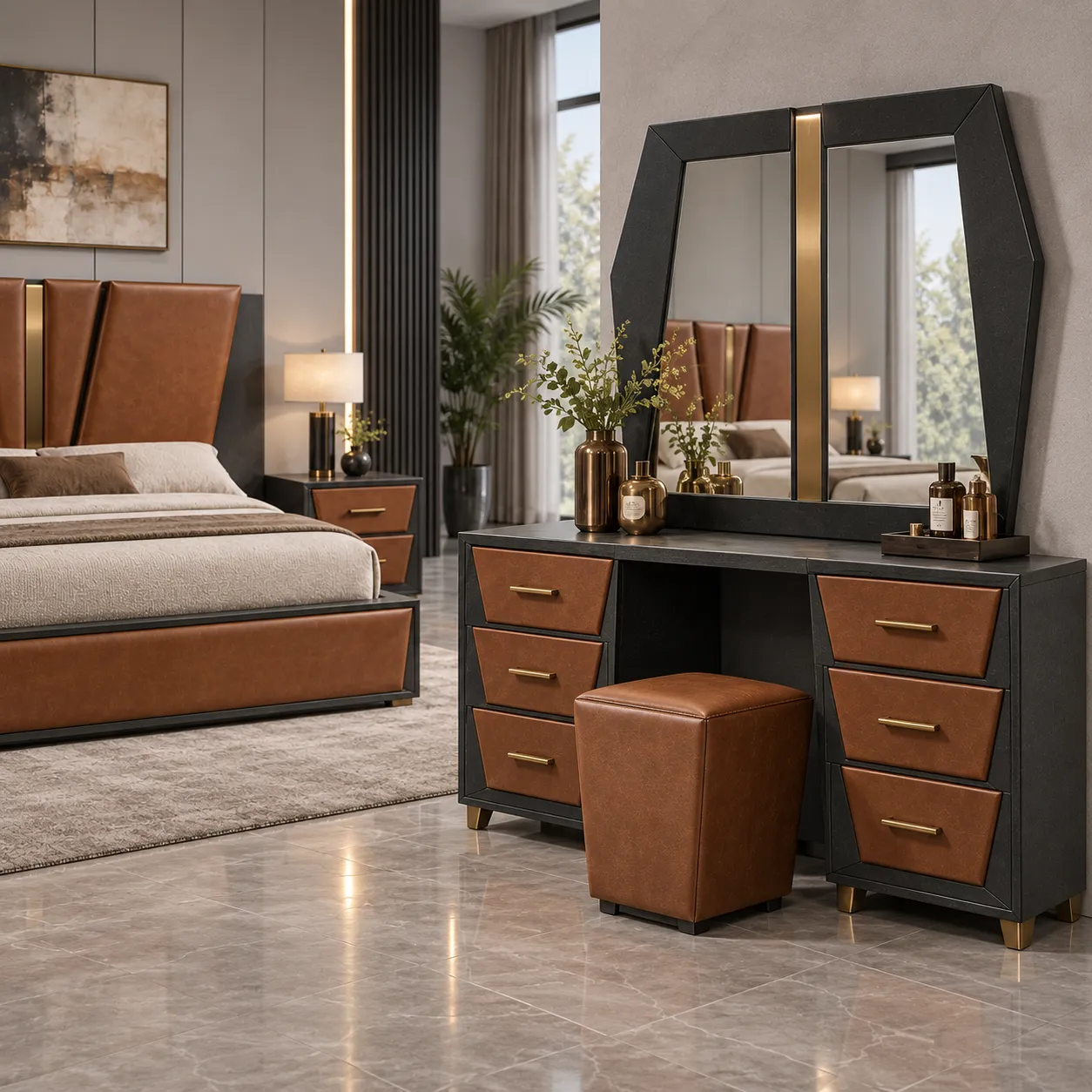 BB-101 Cognac Brown Luxury Bedroom Set image 4
