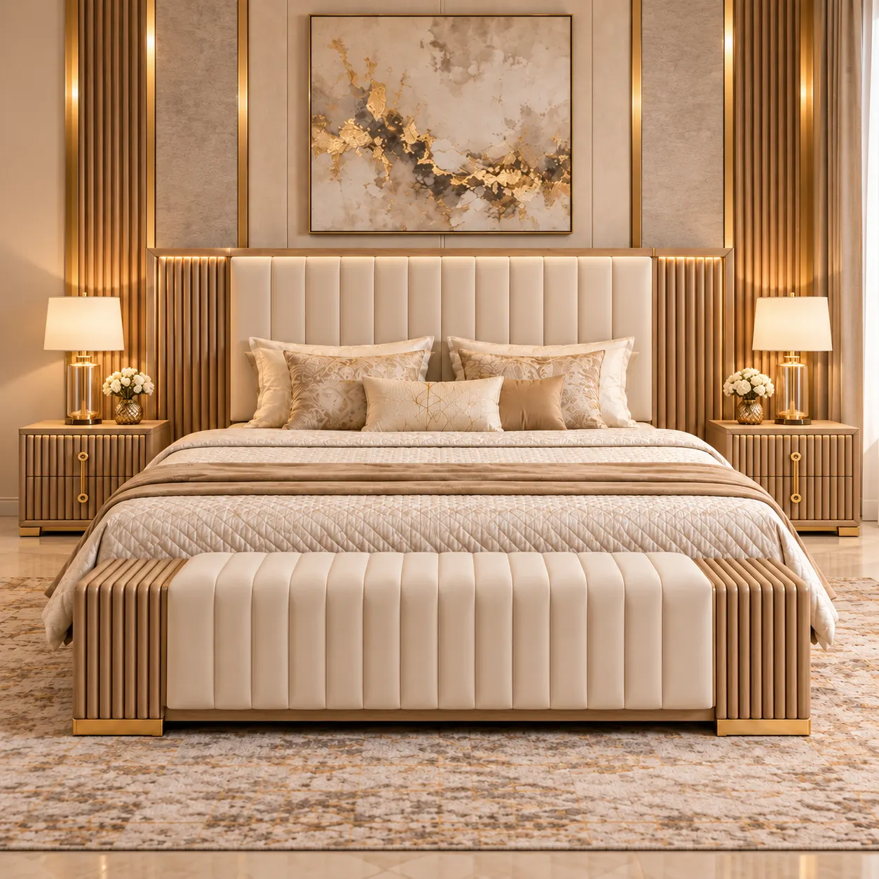 BB-206 Luxury Modern Bedroom Set – Fluted Wood & Upholstered Design image 2