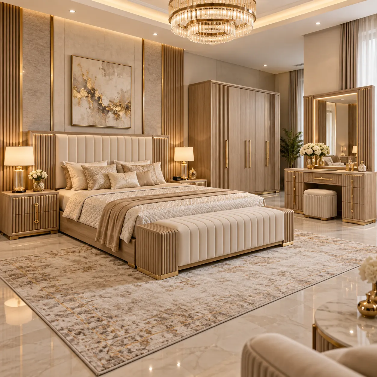 BB-206 Luxury Modern Bedroom Set – Fluted Wood & Upholstered Design