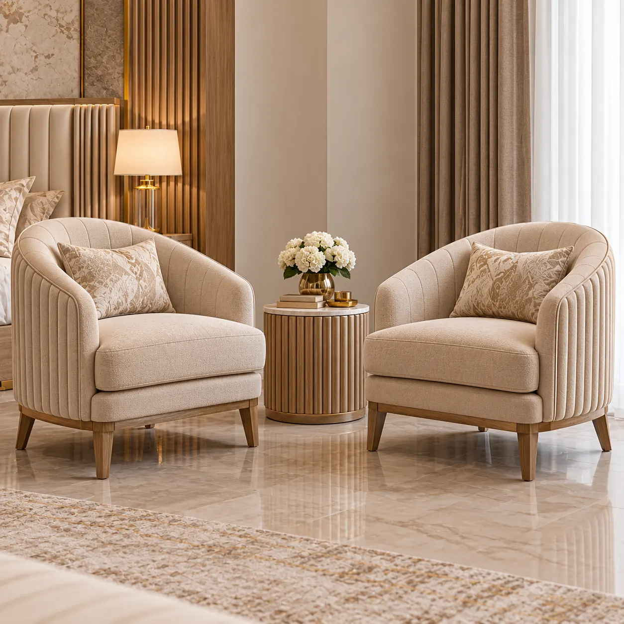 Luxury Bedroom Accent Chair Set – Fluted Upholstered Design